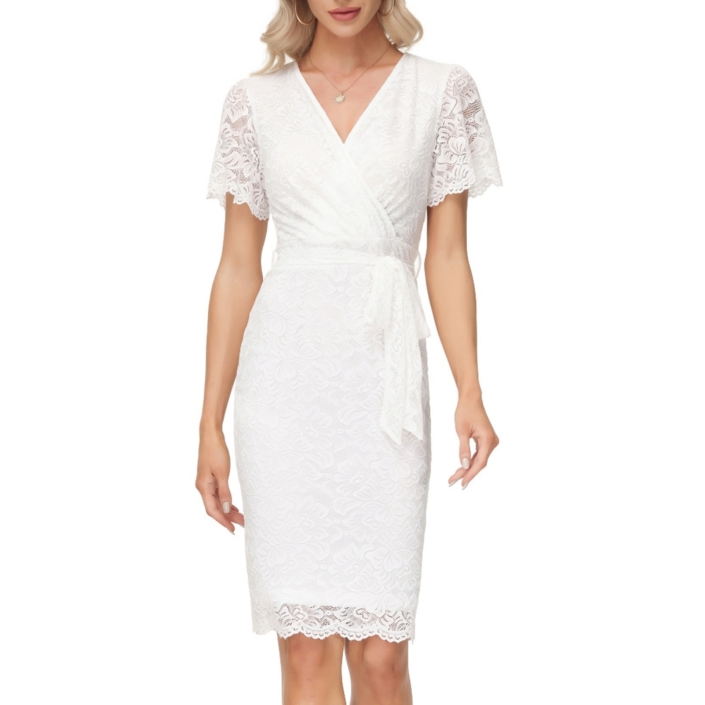 NWT Grace Karin White Lace Cocktail Bridal Dress with Sleeves S